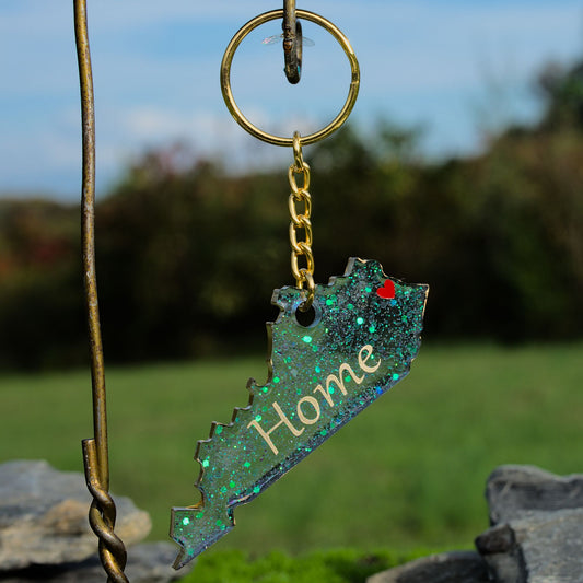 Kentucky Home Keychain- Clear, Green Glitter